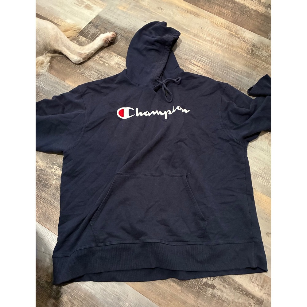 Champion Mens Navy Blue Script Logo Pullover Hoodie Sweatshirt 2XL